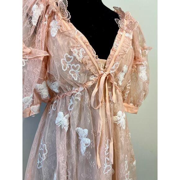 For Love & Lemons Shari Mini Dress in Blush Medium Half Sleeve Lace Sequins - Picture 7 of 7